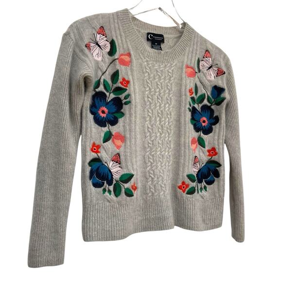 C By Bloomingdale's Grey Cashmere Butterfly Flowers Embroidered Sweater Size XS - Picture 1 of 10